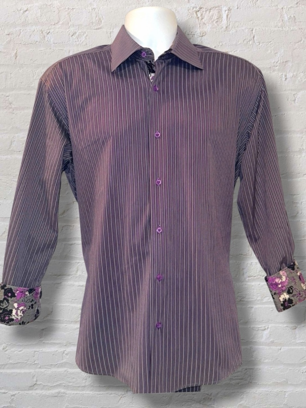 Marcello Sport Men’s Dress Shirt L | Purple Stripe & Floral | Made in Turkey